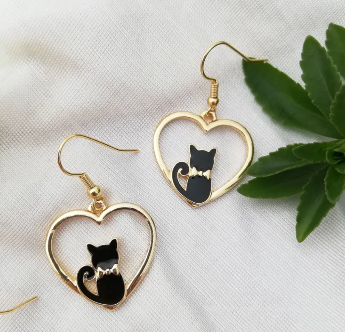 Gold Heart Cat Earrings