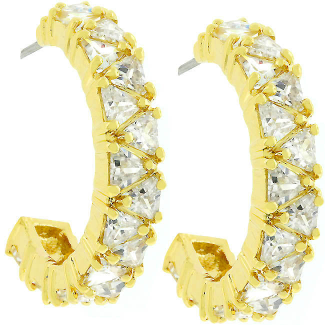 Trillion Cut Cubic Zirconia Hoop Earrings Goldtone Finish