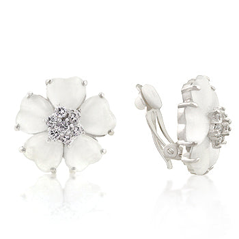 White Flower Nouveau Clip Earrings