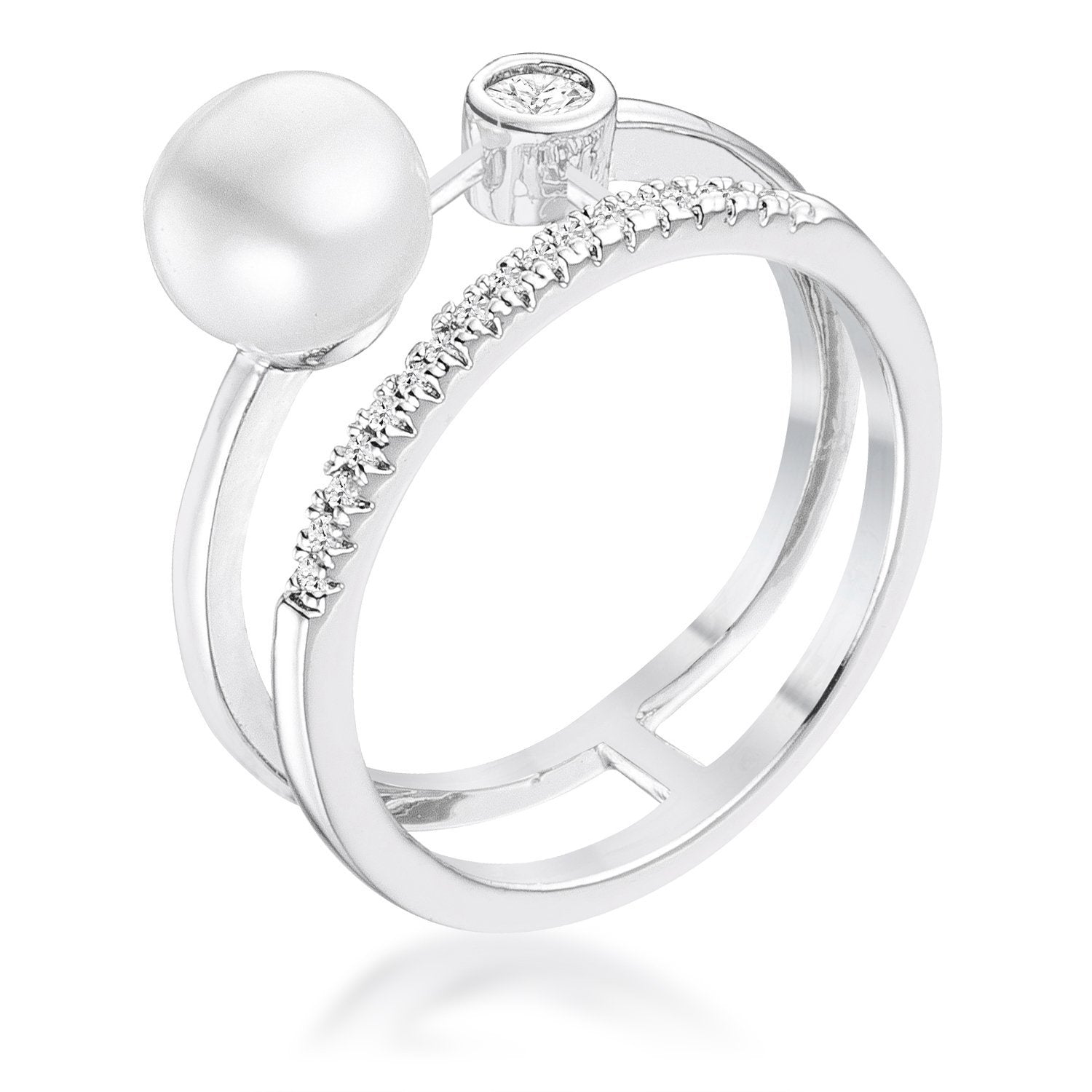 .15Ct Rhodium Plated CZ and Freshwater Pearl Contemporary Double Band Ring