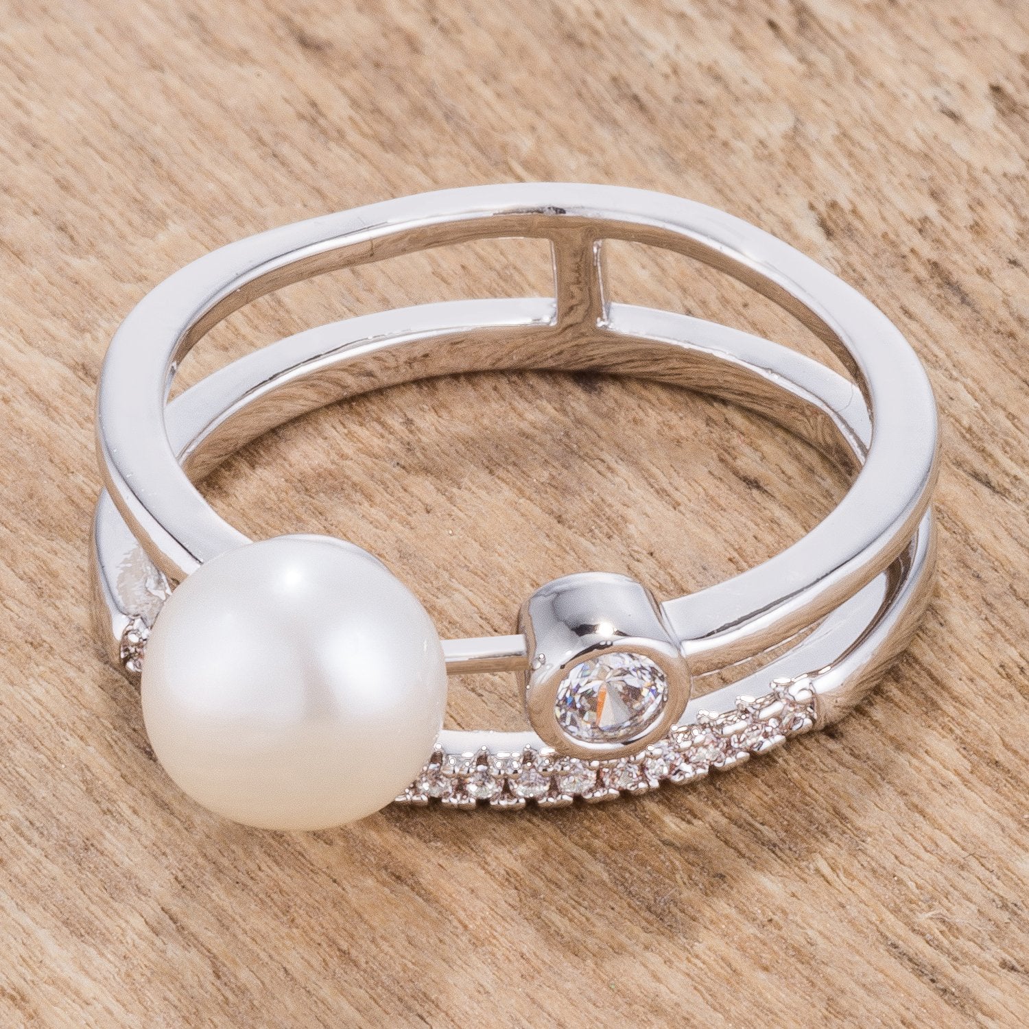 .15Ct Rhodium Plated CZ and Freshwater Pearl Contemporary Double Band Ring